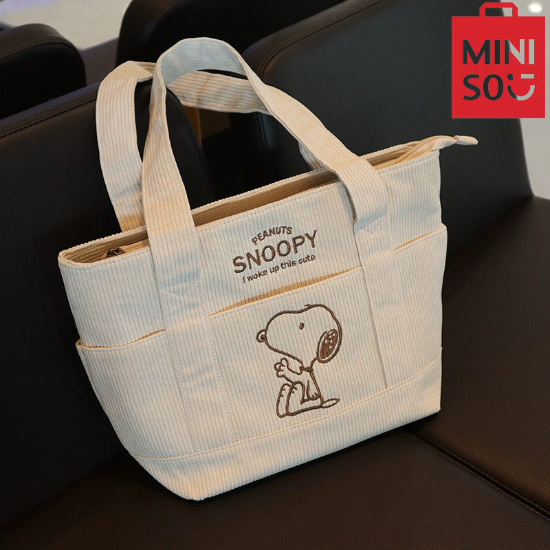 MINISO Snoopy Borsa a mano in velluto a coste simpatico cartone animato Borsa multifunzionale di grande capacità alla moda e casual