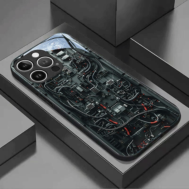 Custodia per telefono in vetro temperato con circuito meccanico creativo per iPhone 17 16 15 14 13 12 11 Pro Max 17Air 16E 7 8 Plus XR XS X Cover