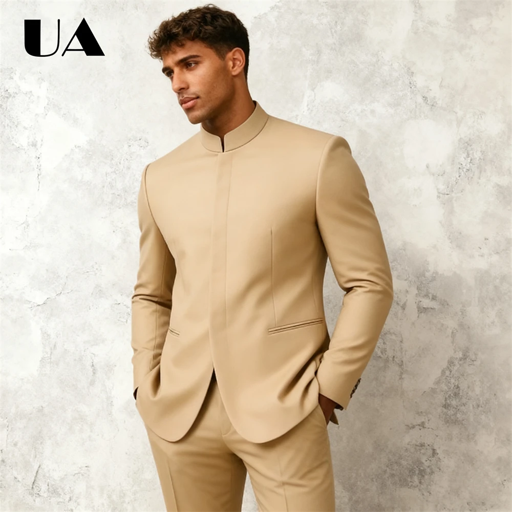 Stehkragen 2-Teiliger Anzug für Herren XXS-7XL, Versteckte Knöpfe Formeller Anzug-Set, Jacke Hose Lässiger Eleganter Smoking