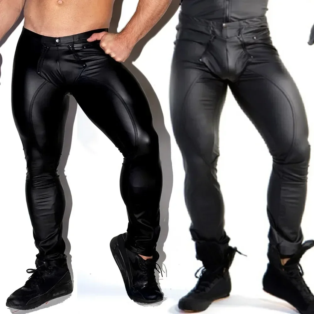 Herren-Leggings aus PU-Leder, Wet-Look, schlankmachend, offene Hose, enge Hose, hohe Taille, Herrenhose, Streetwear