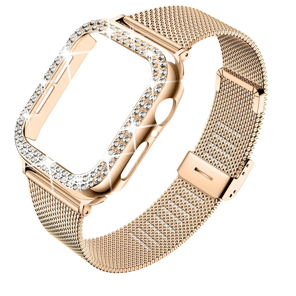 Caja de diamantes + correa de Metal para iWatch Band Ultra 2, pulsera de acero inoxidable para Apple Watch 9 8 7 45mm 44mm 40mm 41mm Series 6 5 4