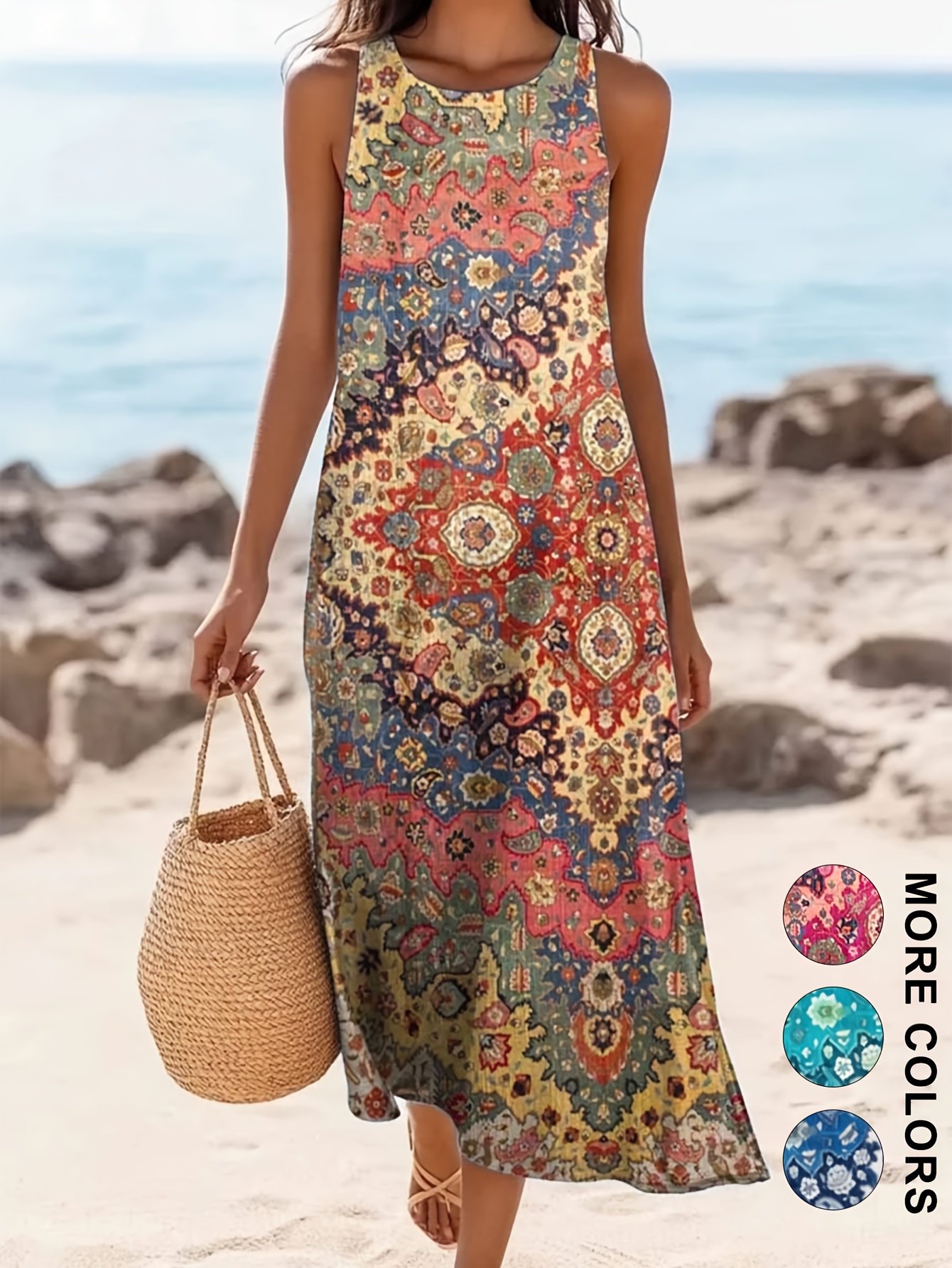 2026 Dames mouwloze Boheemse bloemen casual strand MIDI zomerjurk met zakken, zwierig en losvallend, Sweetheart Rustic Country stijl