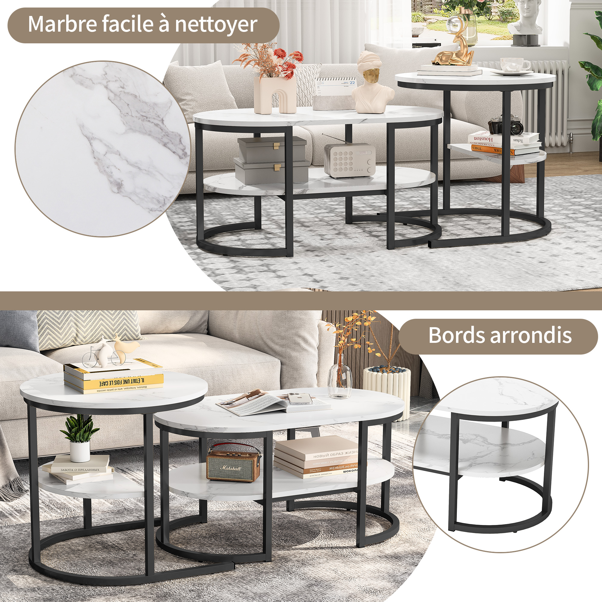 Anajqaqia moderne salontafel, 2-in-1 woonkamertafel met opbergruimte, salontafelset van 2, bijzettafelset met metalen frame, voor woonkamer en slaapkamer