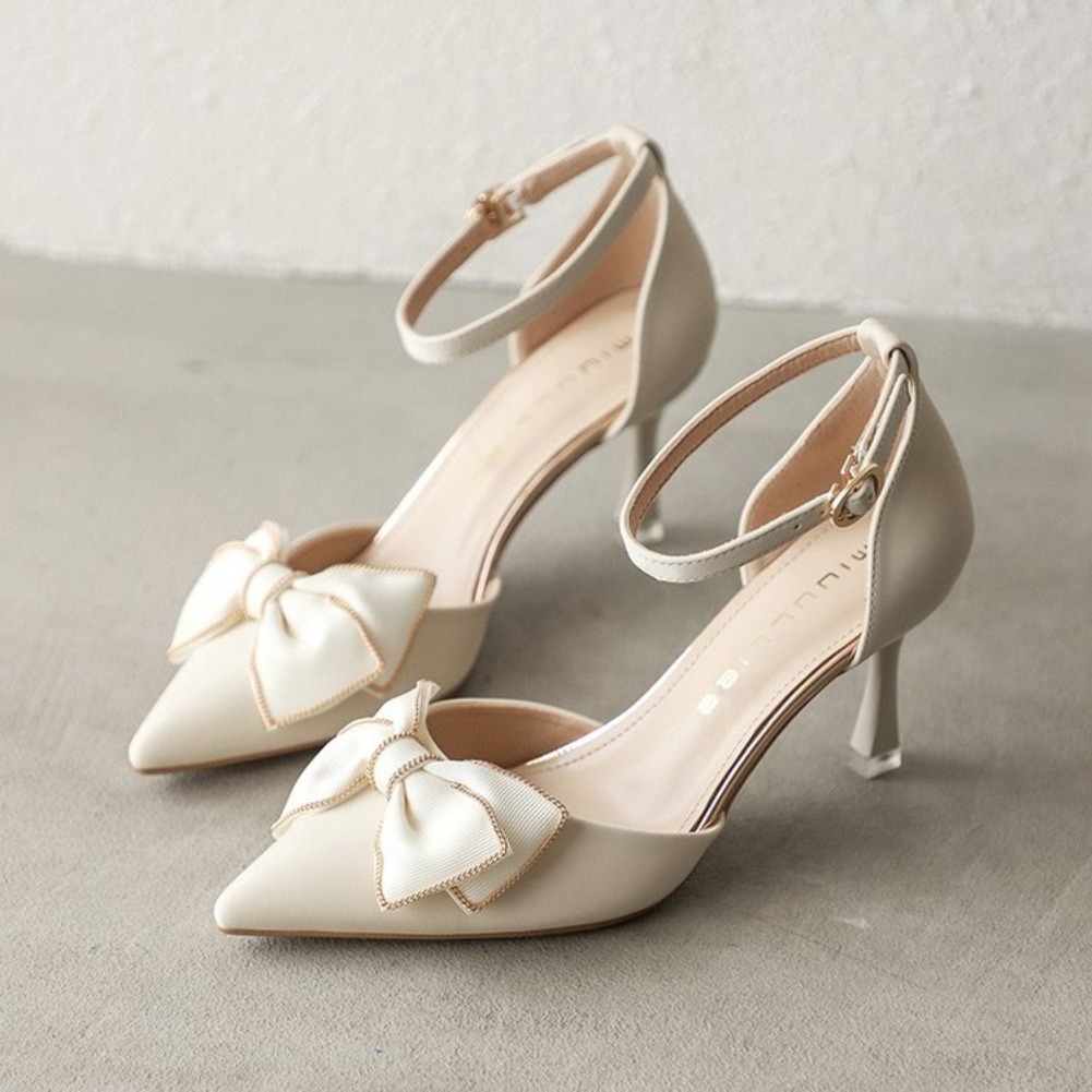 Sapatos Femininos de Salto Médio, Tendência, Bico Fino, Stilettos Borboleta, Elegantes para Casamentos e Festas, Designer Branco