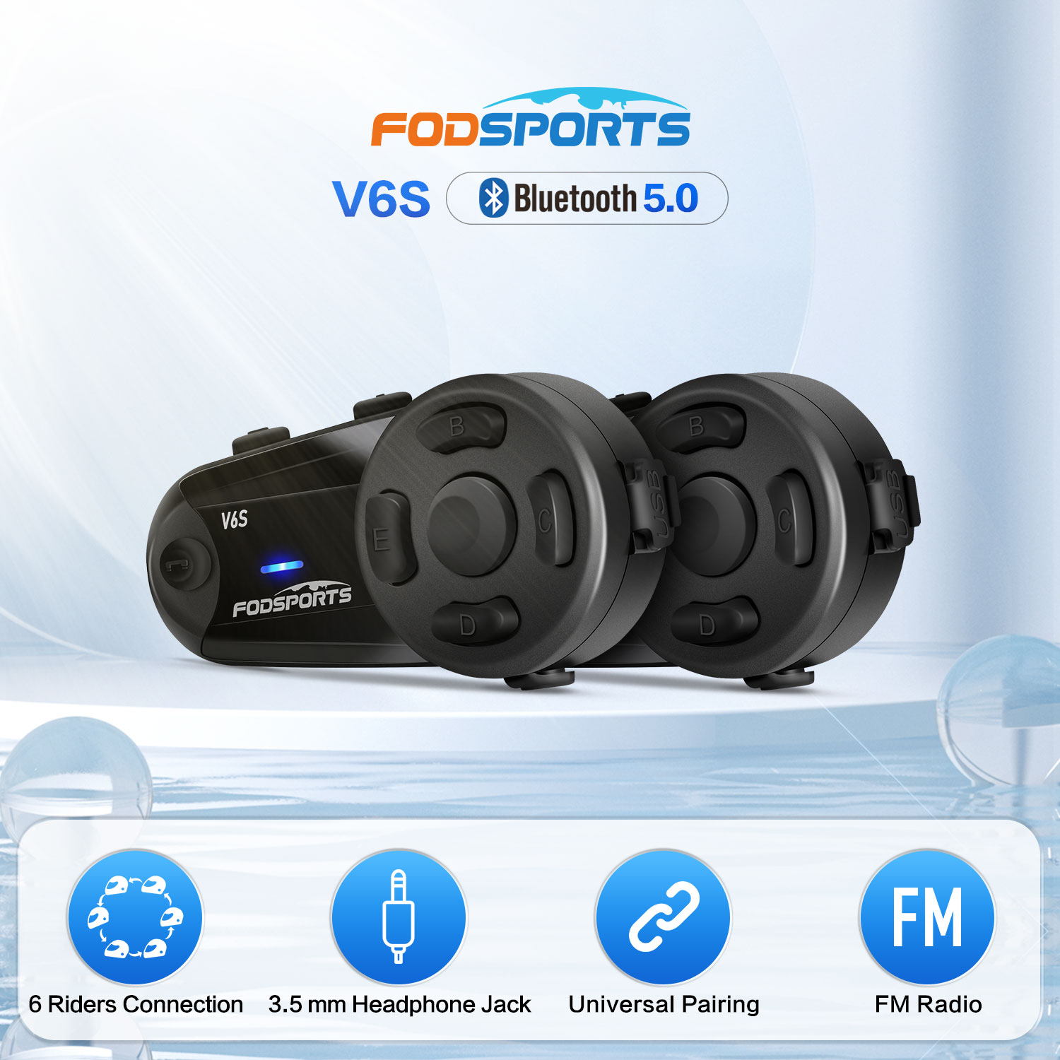 Fodsports V6S Intercom Moto Bluetooth 5.0 Zestaw słuchawkowy do kasku 6 zawodników 1000m Intercom Motocykl Intercomunicador Moto Interphone FM