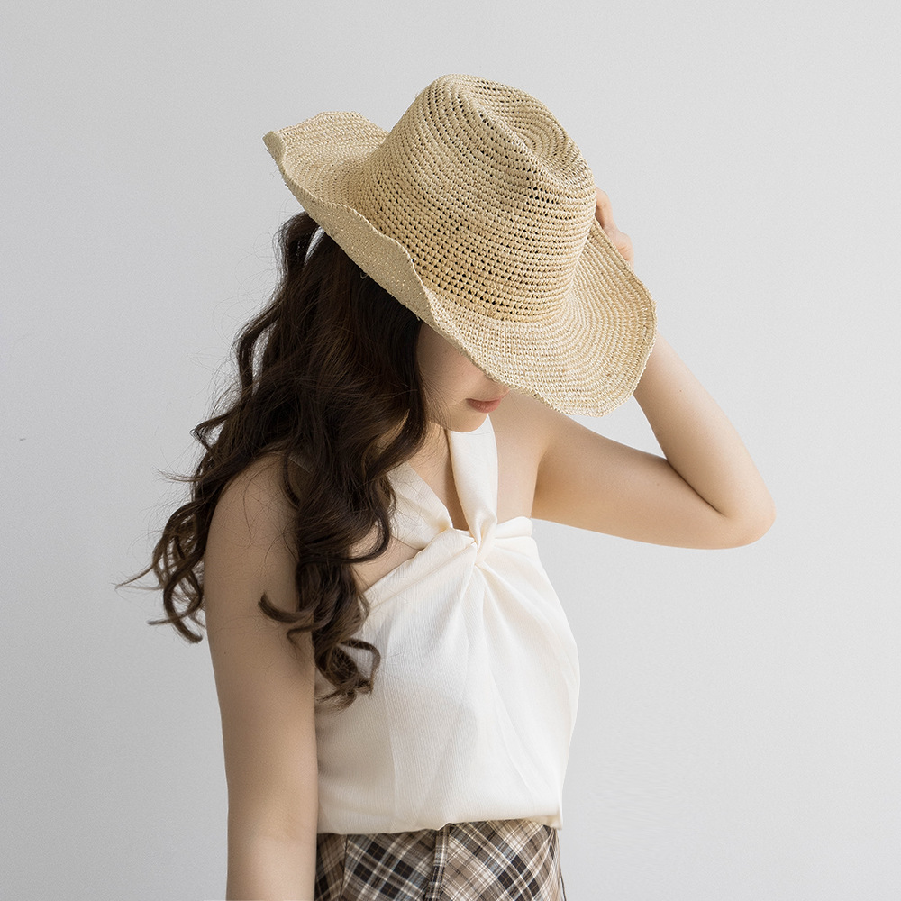 USPOP nueva moda Primavera Verano Casual Simple Crochet rafia sombrero de vaquero con ala rizada protección solar al aire libre sombrero de paja