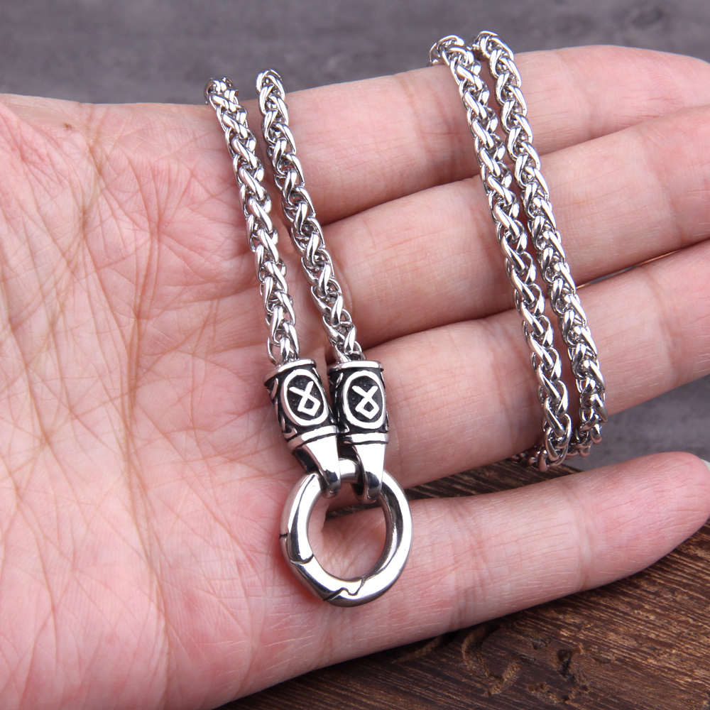 Collier pendentif rune viking nordique avec fermoir rond ouvert, chaîne en acier inoxydable avec boîte en bois