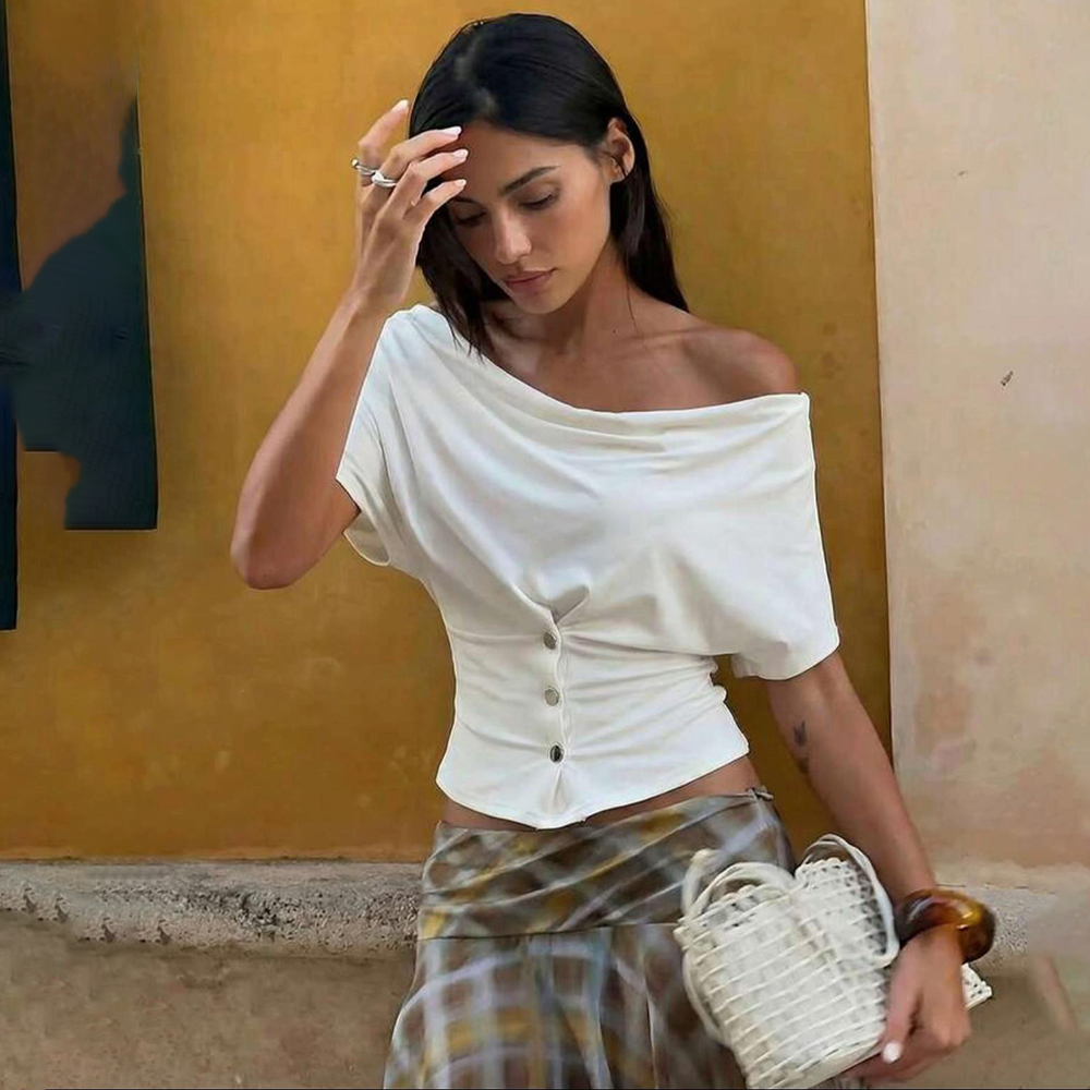 Tuularose Vrouwen Zomer Top Mode Button-Front Patchwork V-hals Geplooide Ingericht Top Nieuwe Casual High-Street Party Vrouwelijke T-shirts