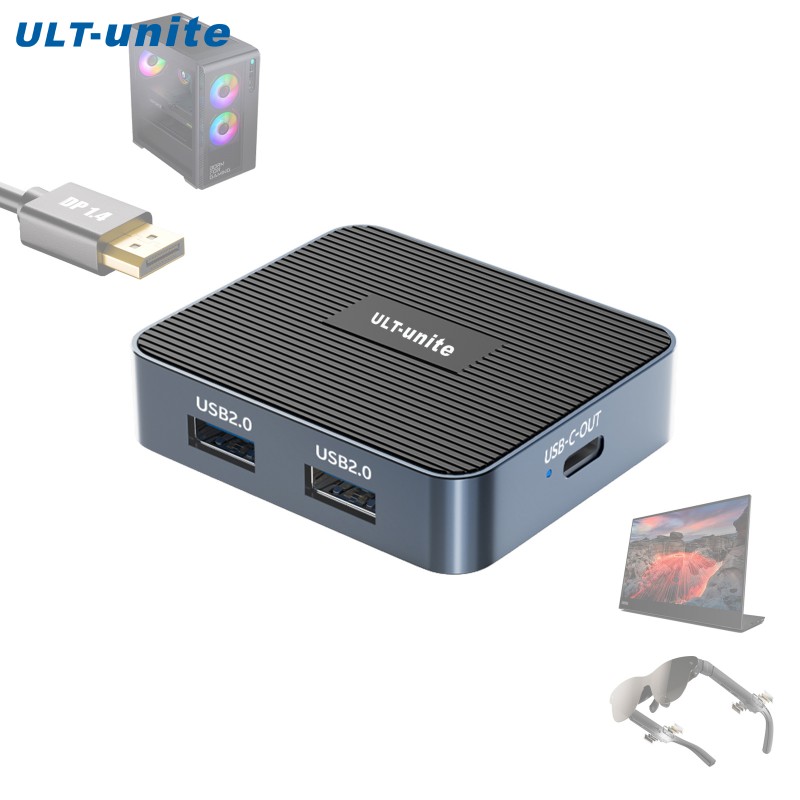 Hub DP ke USB-C dengan Port USB 2.0 & Daya 5V, Adaptor Video untuk Kartu Grafis ke Monitor Portabel, Kacamata AR & Tablet Gambar