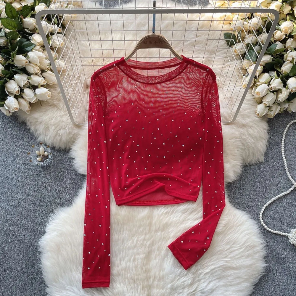 Przezroczyste siateczkowe cekinowe koszulki damskie Seksowne cienkie topy damskie Przezroczyste pulowery Femme Topy Koszulki Slim Bottoming Shirt
