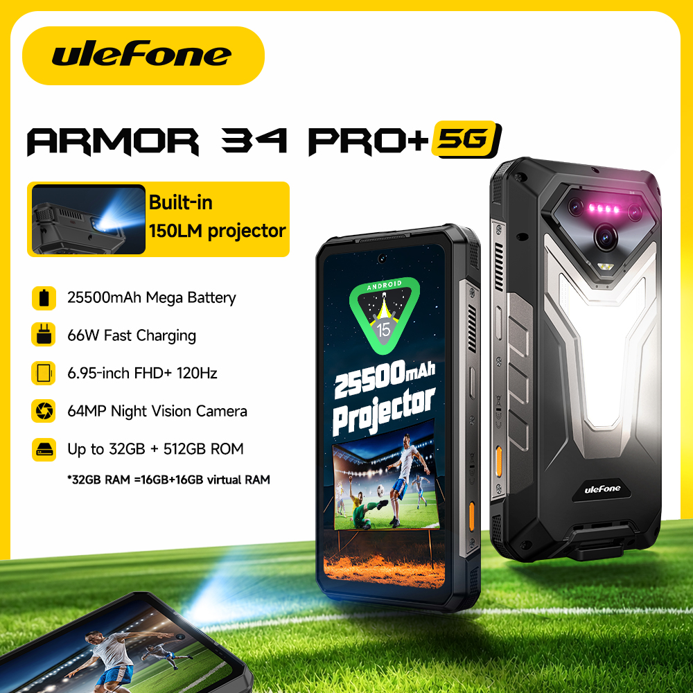 Robustes Smartphone Ulefone Armor 34 Pro+ 5G IP69K 16GB+512GB 25500mAh Projektor 64MP Nachtsicht 6.95'' FHD+ 120Hz NFC Android 15