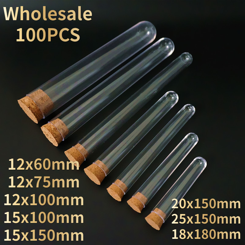 100 Uds tubos de ensayo de plástico con corchos diámetro 12mm a 25mm botella transparente para dulces de fiesta con fondo redondo, Vial de regalo de boda