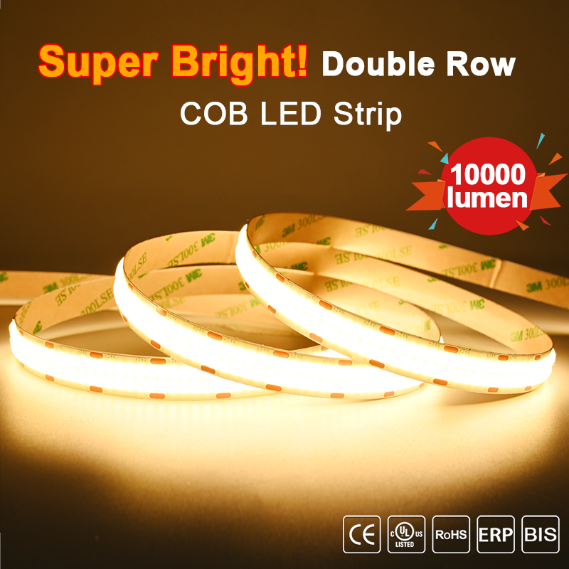 Super jasna taśma LED COB 2000 lm/m podwójny rząd 600 diod LED/m elastyczne ściemnialne diody LED oświetlenie na taśmie RA90 3000 K 4000 K 6500 K DC24V