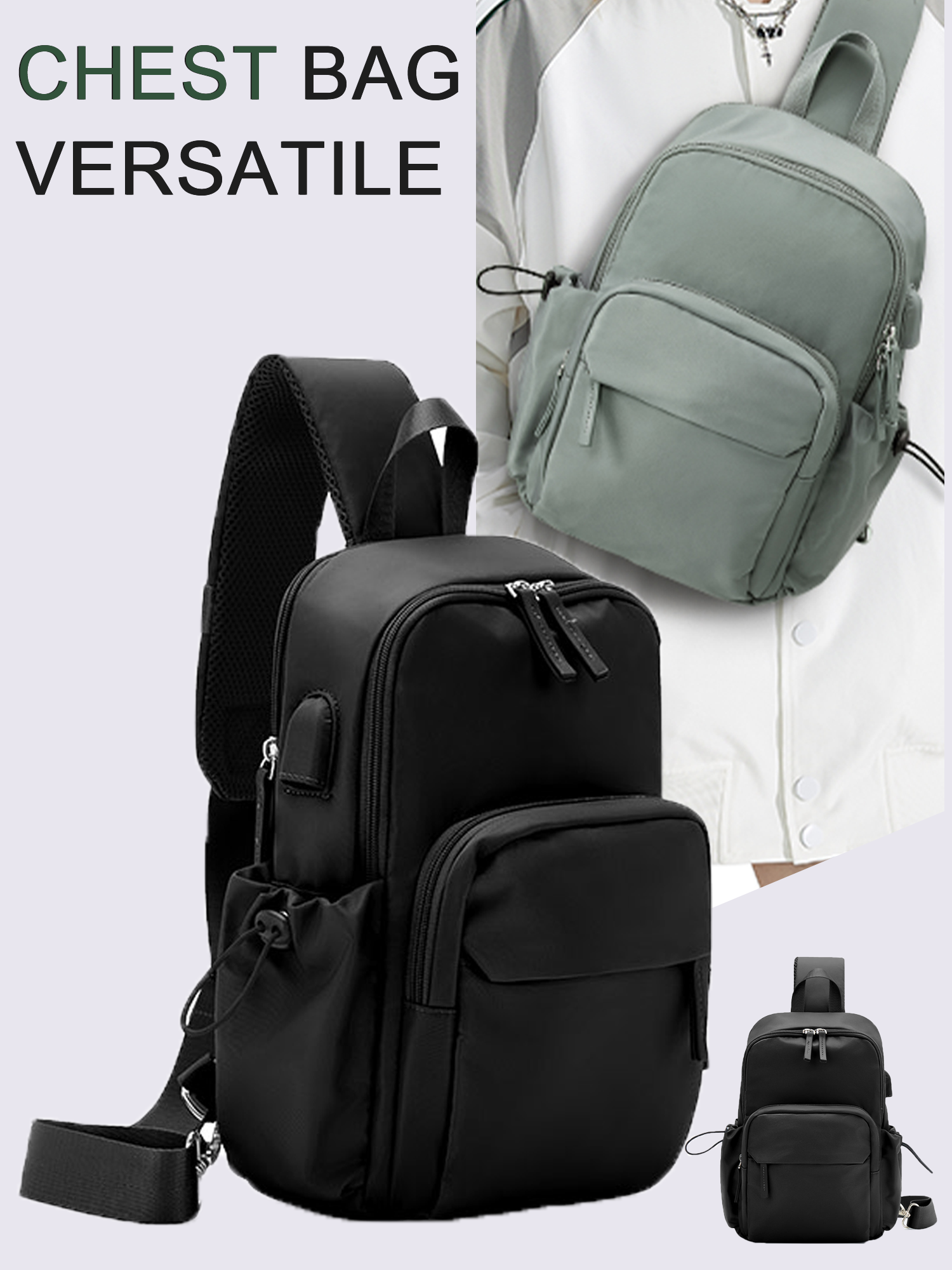Bolsa de peito versátil para homens e mulheres, bolsa crossbody esportiva casual, bolsa de ombro pequena com carregamento USB, cintura de grande capacidade