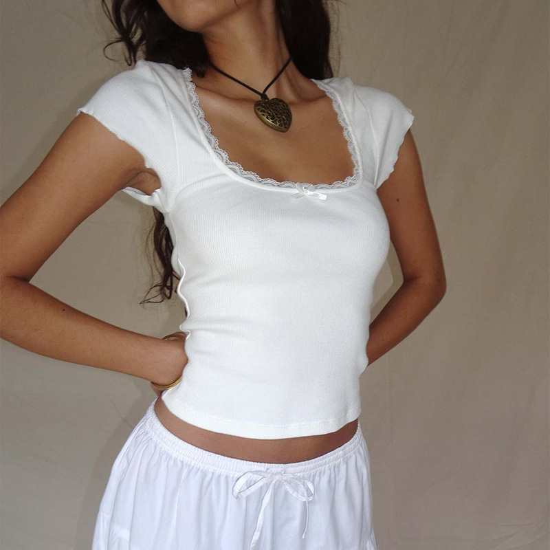 Dames vintage baby tee cottage kant trim gebreide T-shirt, wit melkmeisje crop top, korte mouw T-shirt, zomer, Y 2K
