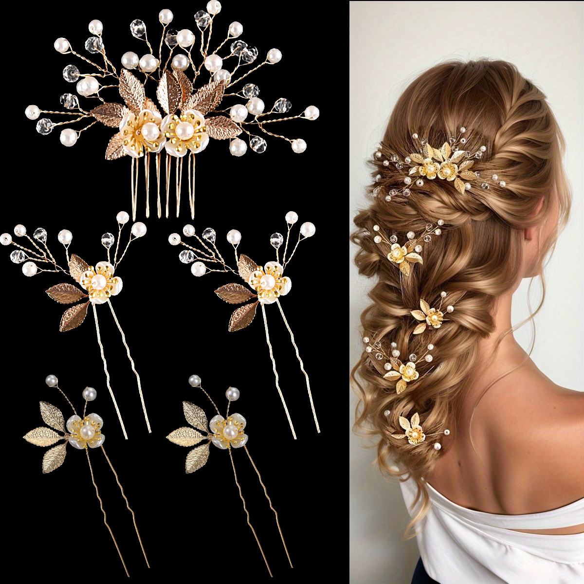 Peines de perlas y flores hechos a mano para mujer, 5 piezas, horquillas para el pelo con hojas, accesorios para el cabello de boda, diademas de cristal para novia