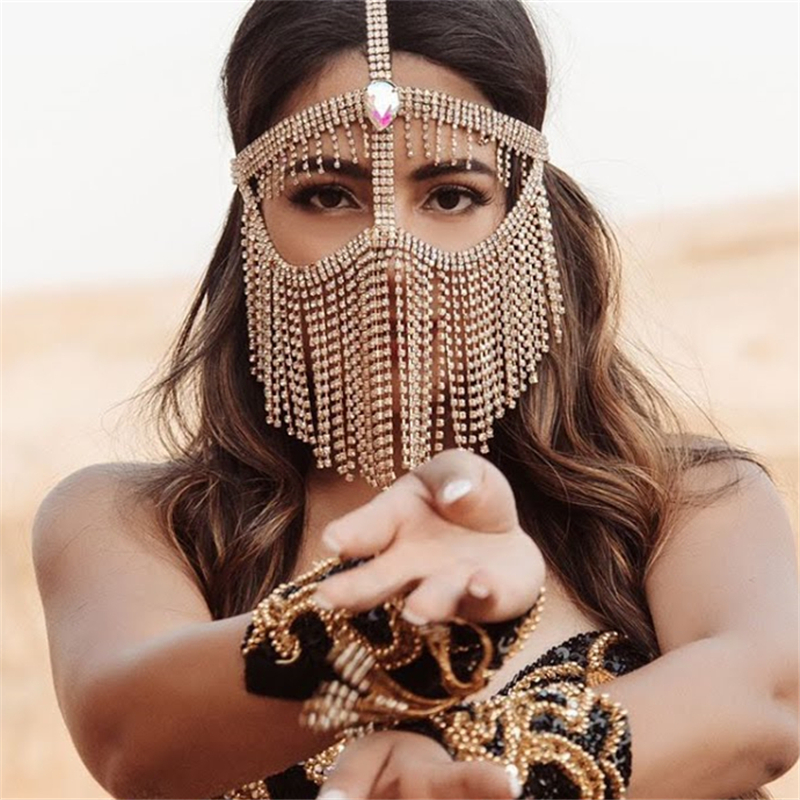 Máscara de lujo con flecos largos y piedras preciosas de colores AB para mujer, máscara Sexy para danza del vientre, accesorios de joyería para la cara con diamantes de imitación, 2022