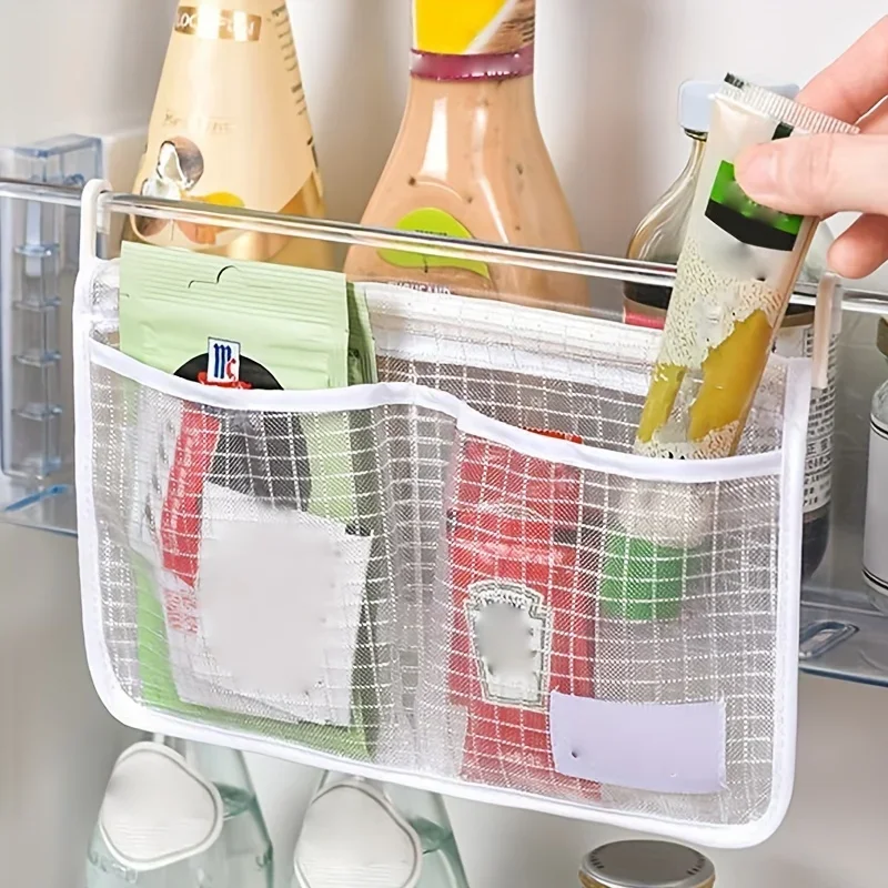 Refrigerator Side Door Organizer, Mesh Storage Container for Condiments & Small, Hanging Fridge Bin with Reinforced Hooks
