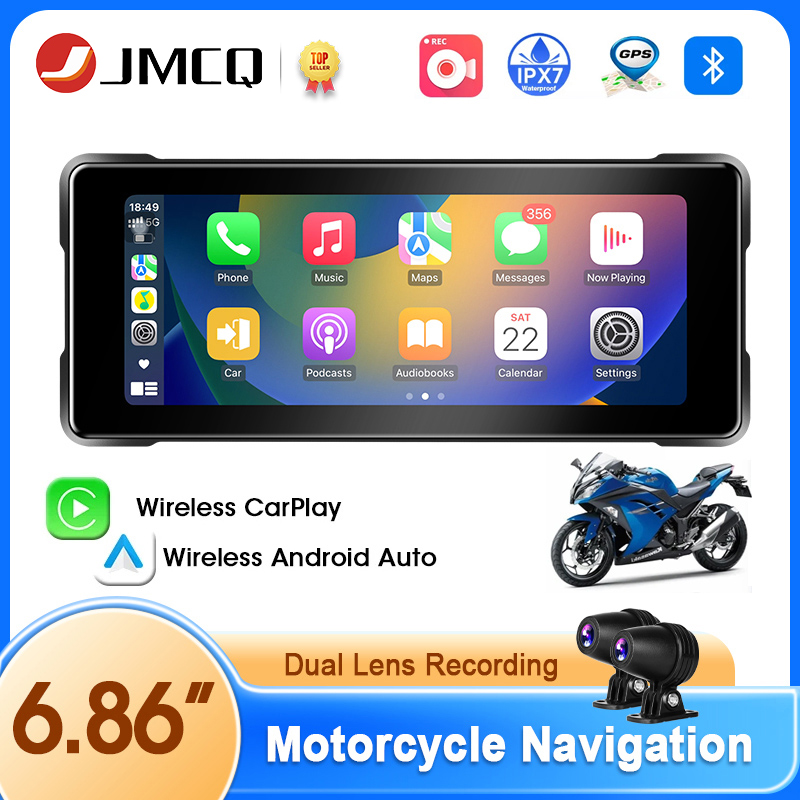 JMCQ 6.86 インチオートバイナビゲーションワイヤレス CarPlay & Android 自動ポータブルスマートディスプレイ GPS IPX7 防水 HD 録画カメラ