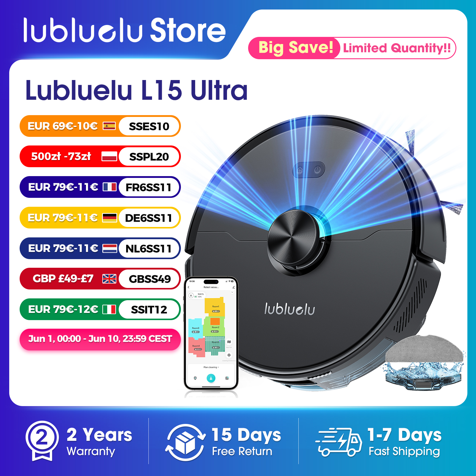 Lubluelu L15 Ultra 3-em-1 Robô Esfregão de Vácuo Combo com Navegação LiDAR Sucção 5500Pa Carregamento Automático Smart APP 24 Zonas No-go