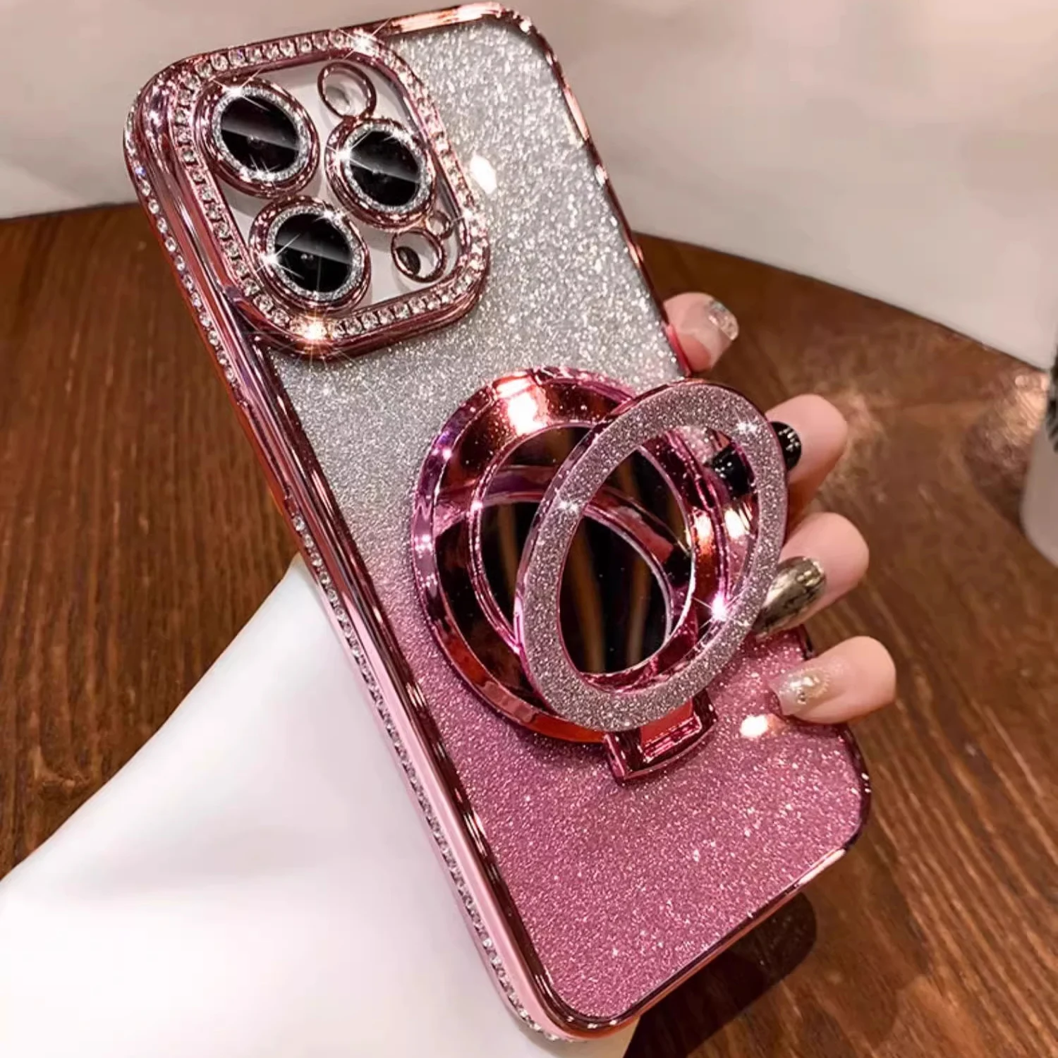 Luksusowe etui z klejnotami na iPhone'a 16 11 12 13 14 15 Pro Max, brokatowe, lustrzane, z uchwytem i osłoną bumper.