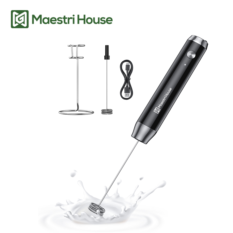 Maestri House Espumador de leche recargable con soporte, fabricante de espuma eléctrico de mano, batidor de acero inoxidable desmontable impermeable
