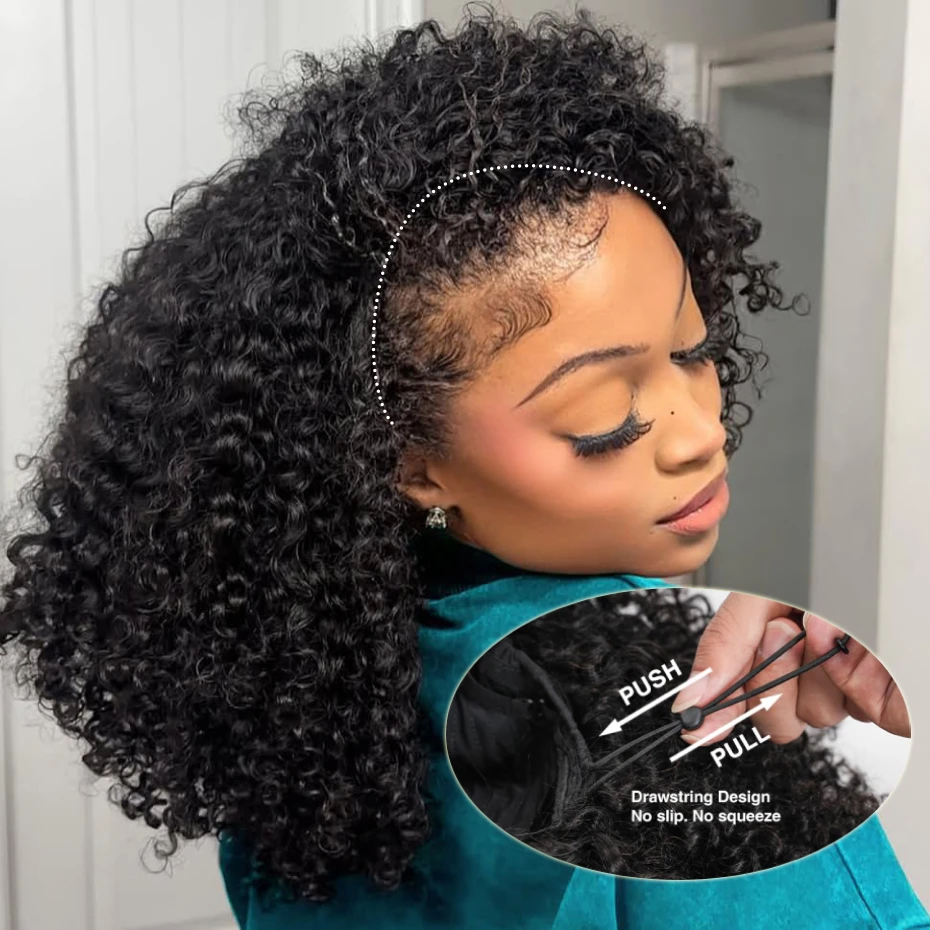 250 Density Kinky Curly Half Wig Double Drawn Invisible Drawstring Machine Made Wigs Human Hair Invisible Hairline Half Wig Natural Colored Ponytail Ready To Wear Vietnamese Human Hair Wig 18 20 22 24 26 Inch Free Shipping