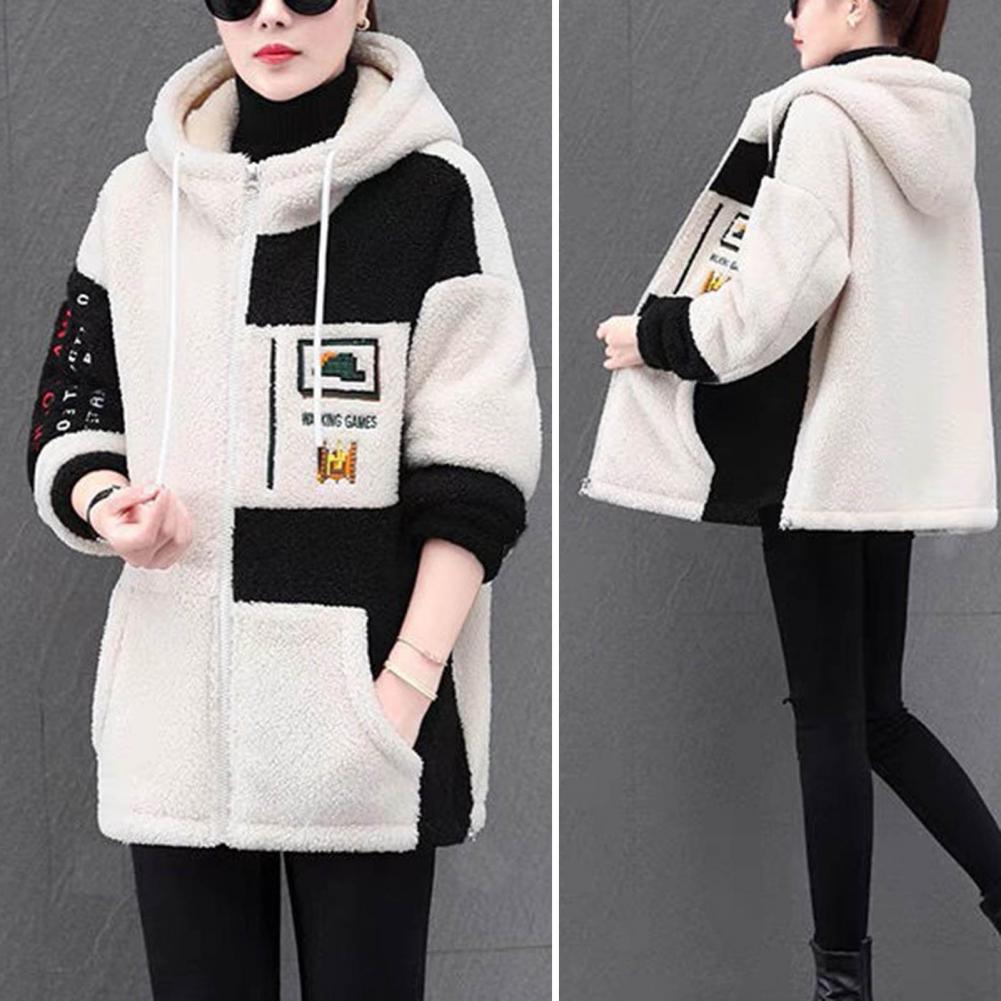 Abrigo con cierre de cremallera para mujer, chaqueta ligera, ropa de mujer, chaqueta acogedora con bloques de colores, Sudadera con capucha bordada de felpa para invierno, 1 ud.