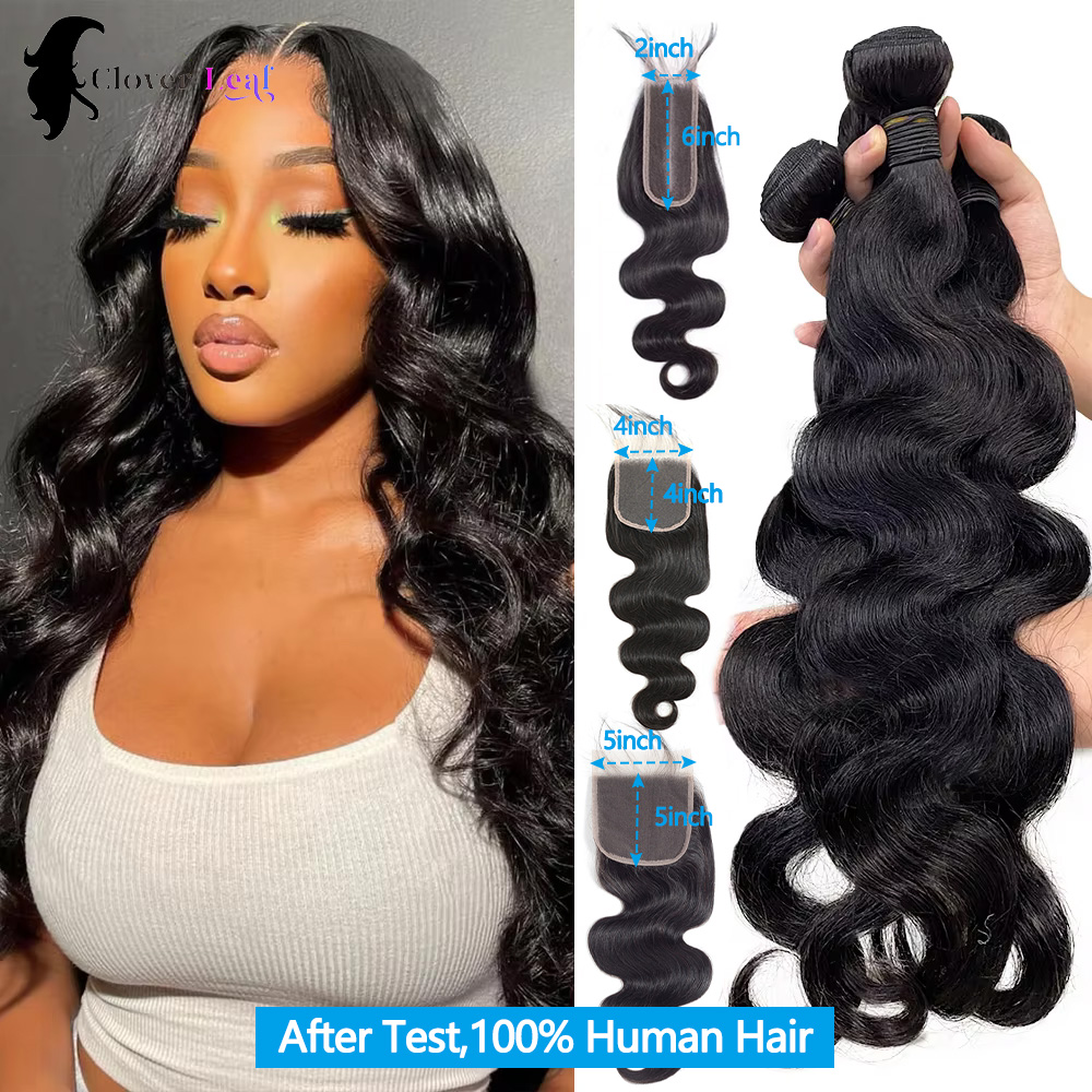 Zestawy włosów naturalnych Body Wave z koronkowym zamknięciem 2x6 4x4 5x5, 26-calowe zestawy włosów naturalnych z zamknięciem, brazylijskie, surowe włosy naturalne, 100% doczepiane włosy naturalne, miękkie, gęste zestawy Body Wave, okazje, bez plątania i 