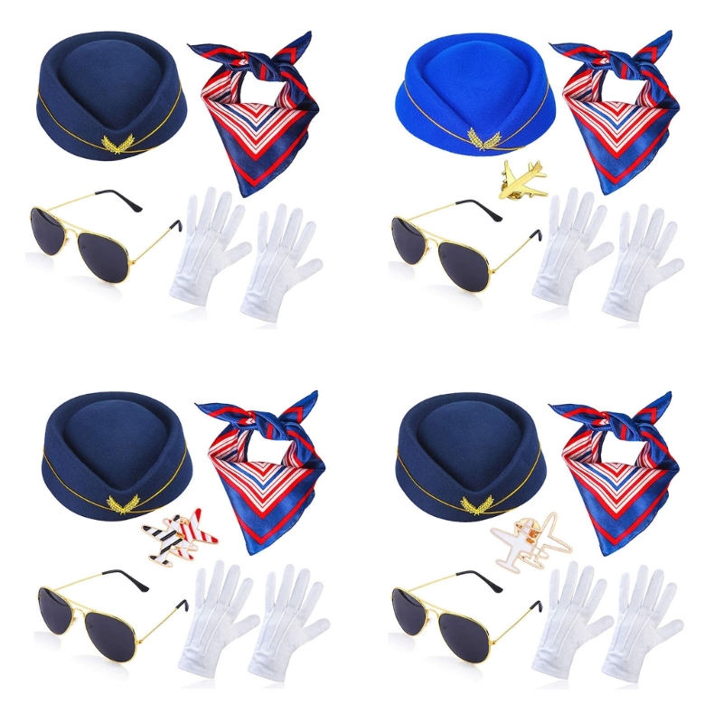 2024 New Stewardess Hat Stewardess Costume Airplanes Brooch Pin Stewardess Neck Scarf Stewardess Gloves Stewardess Accessories