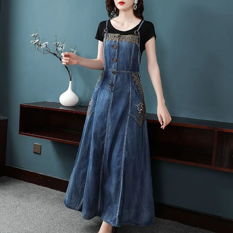Neue Damen Denim Halfter langes Kleid Frühling Sommer Vintage Stickerei Pullover Kleider weiblich lässig ärmellose Cowboy Kleider 4xl
