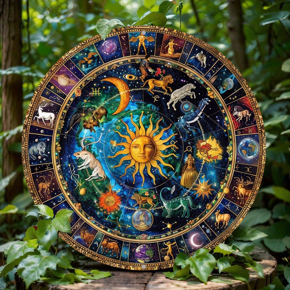 Znak wieniec o tematyce roku koła, zodiak astrologiczny, okrągły aluminiowy metalowy znak dekoracyjny do domu, mieszkania, dekoracji ściennych