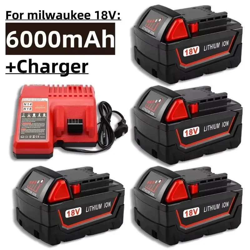 For Milwaukee M18 Power Tool Battery, Charger, BR, XC, 18V, 6000mAh M18B5, 48-11-1860, Built-in 18650 Battery 2025
