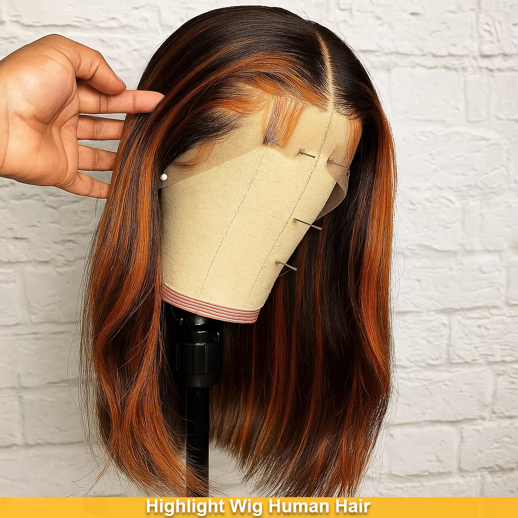 Perucas Frontais de Renda 13x4 com Destaques Coloridos 200% de Densidade, Lisas e Sedosas, de Cabelo Humano, Pré-Cortadas, Sem Cola, Estilo Bob Curto para Mulheres