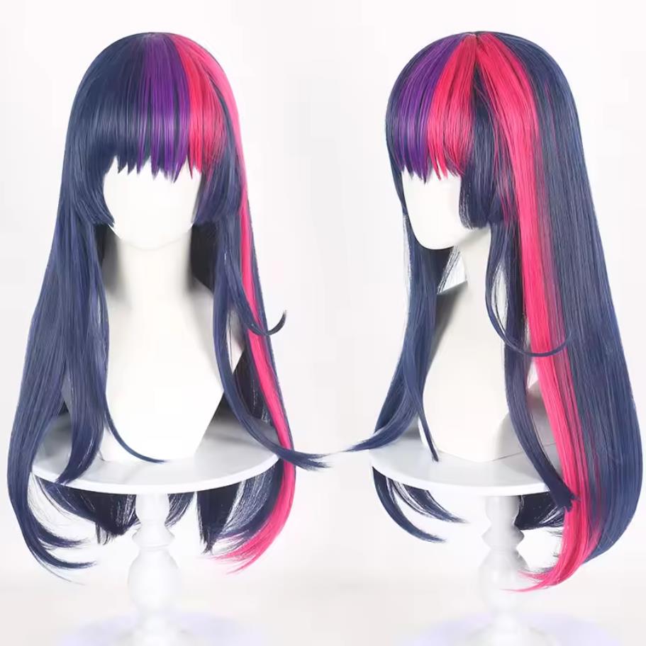 Anime crepúsculo brilho perucas longas striaght azul & roxo & rosa cosplay perucas para mulheres meninas resistente ao calor cabelo sintético dia das bruxas