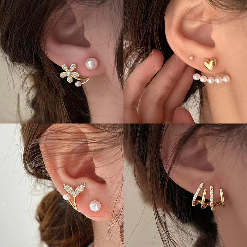 Orecchini a bottone coreani in metallo a forma di cuore Orecchini pendenti posteriori con perle a coda di pesce per le donne Ragazze 2024 Regalo di gioielli eleganti in cristallo