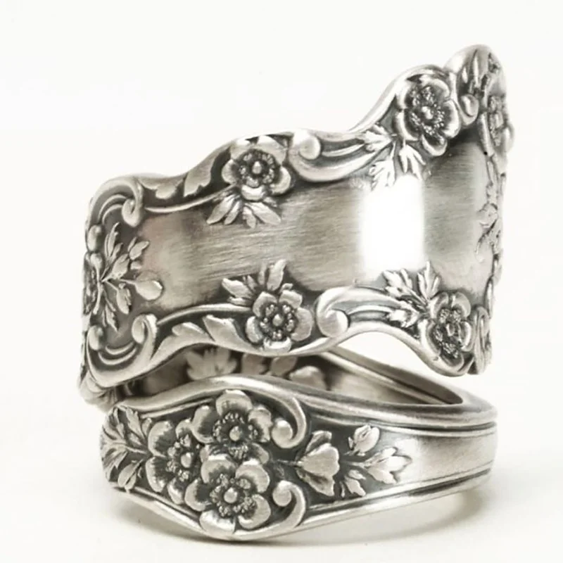 Intage handgefertigte gravierte Rosenblumenringe für Frauen, silberfarbener Löffelring, Jahrestagsgeschenk, Verlobungsfeier, Schmuck