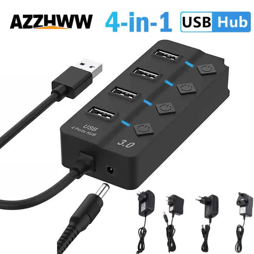 4-портовый USB-концентратор 3.0 USB-док-станции-расширитель-концентратор с индивидуальным светодиодным выключателем питания и вилкой ЕС/США/Австралии/Великобритании для ПК, ноутбука