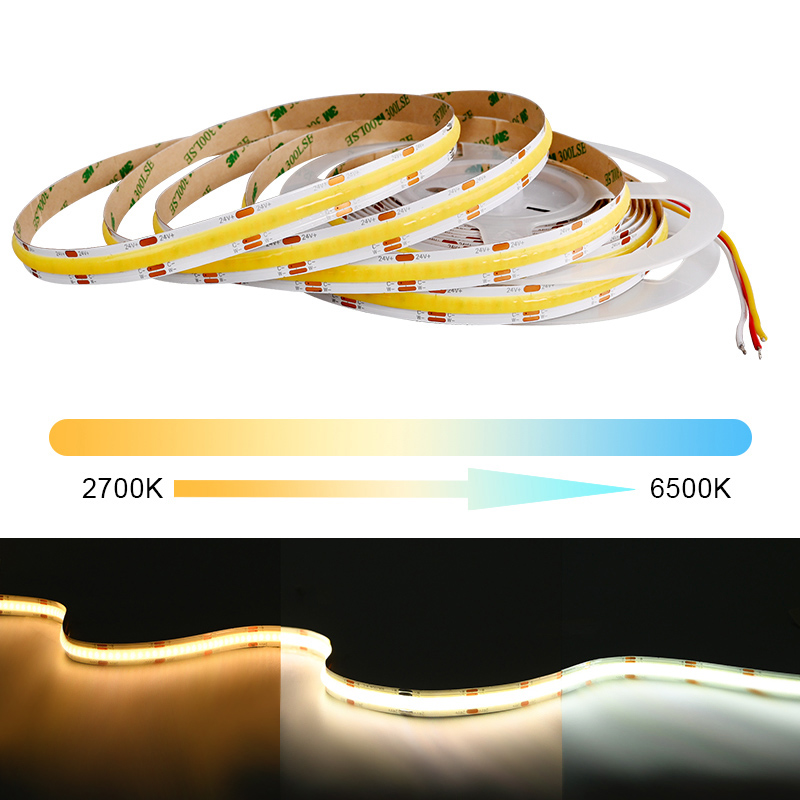 Tira de luces LED COB CCT 608 LEDs/m cinta Led FOB regulable Flexible de alta densidad 2700K a 6500K iluminación cambiable DC12V 24V