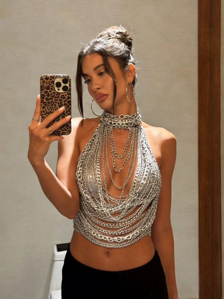 Top Halter in Metallo Argentato con Catena, Sexy Gilet a Strati con Catena per il Corpo, Accessorio Gioiello Lingerie da Donna per Festival, Rave, Feste e Clubwear