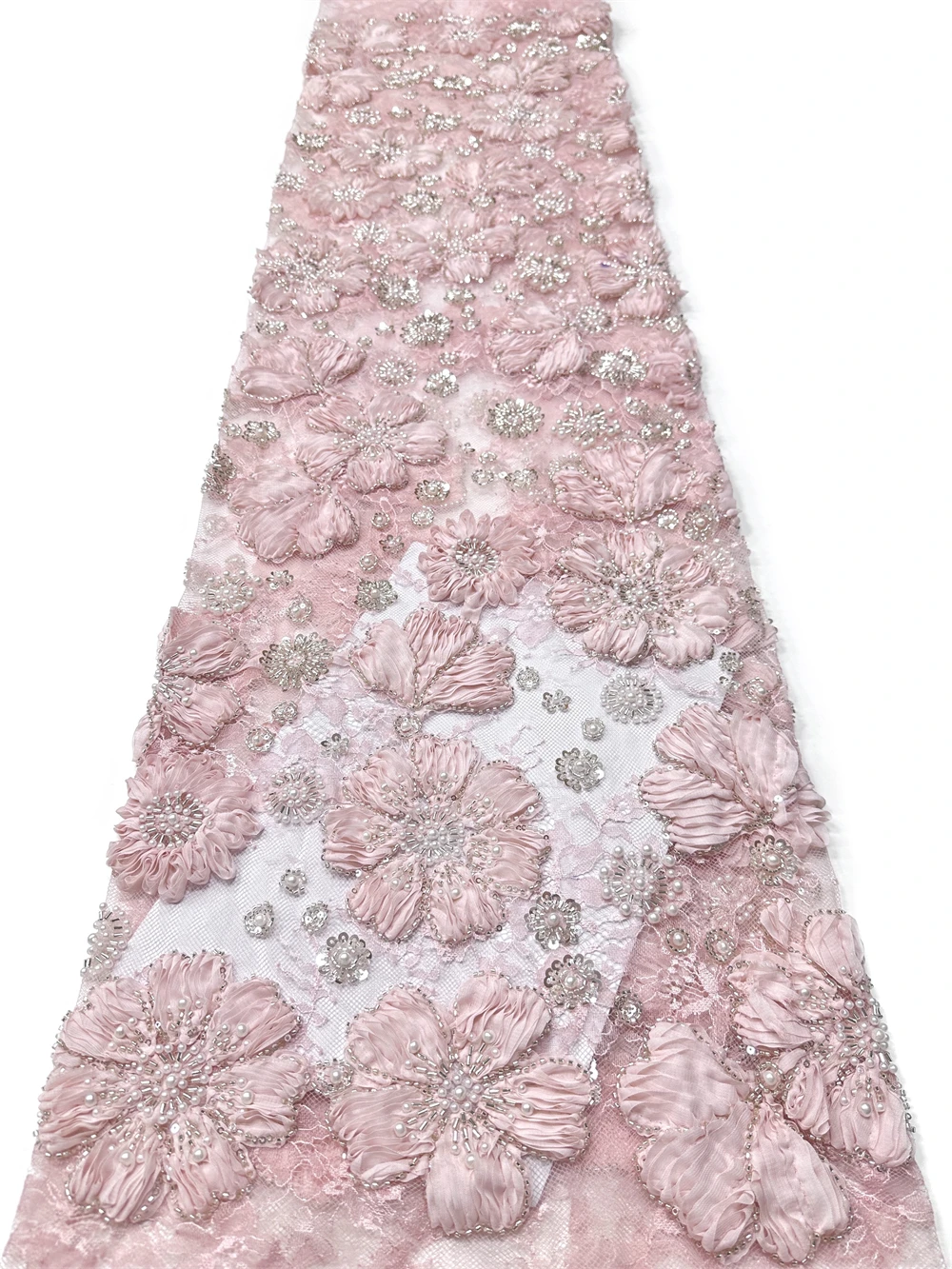 Tecido de renda tubular delicado, elegante, de alta qualidade, macio, bordado com miçangas e pedras, para vestido de festa/noite, material de costura.