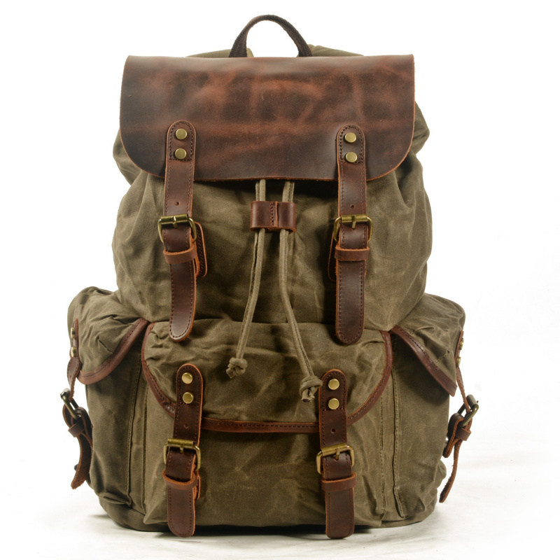 Mochila de Lazer para Estudantes, Estilo Retrô, Fechamento com Cordão, Bolsa Masculina de Lona Encerada a Óleo, Mochila de Viagem Moderna de Ombro Duplo