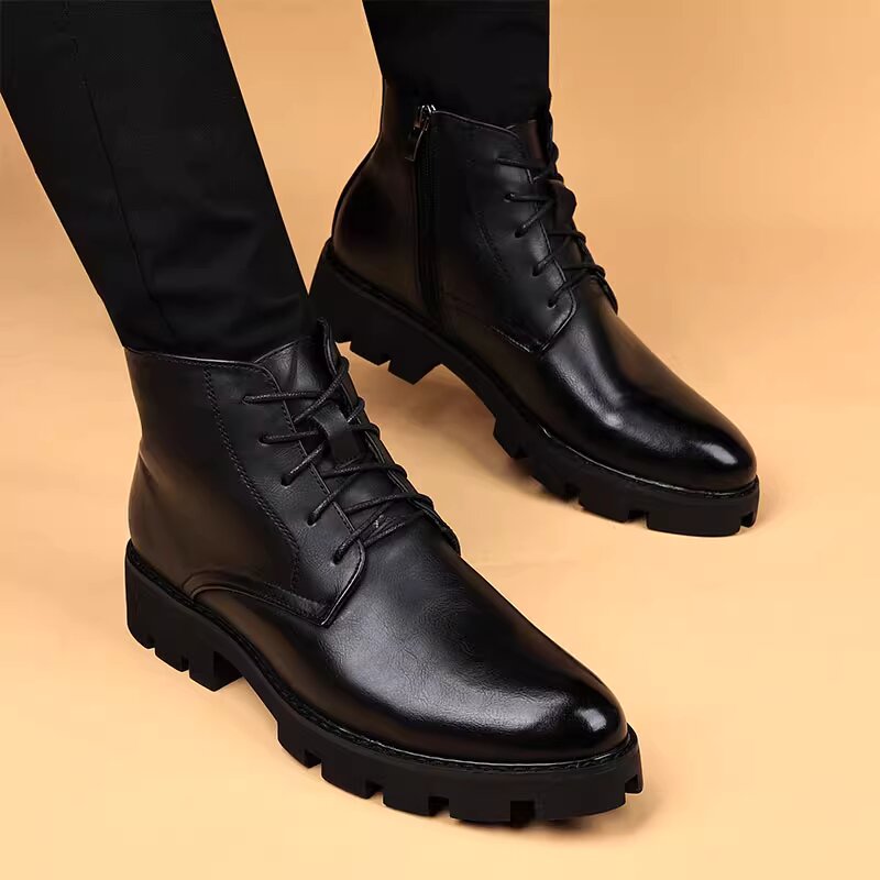Botas informales de cuero natural para hombre, zapatos negros con estilo para otoño e invierno, botas con plataforma de vaquero, botines para oficina y negocios, botas masculinas