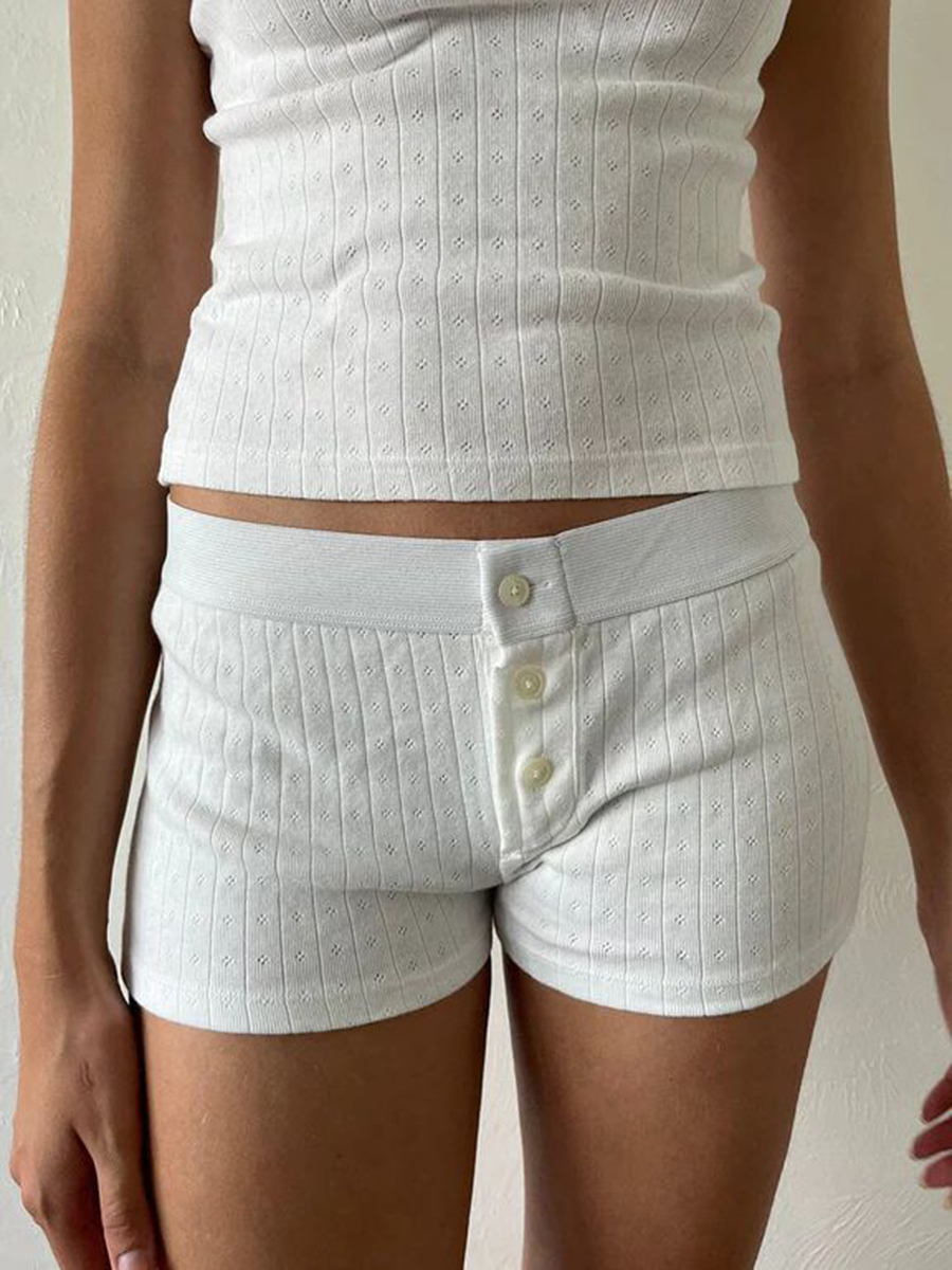 Eyelet กางเกงขาสั้นผ้าฝ้ายสีทึบใส่อยู่บ้านสำหรับเด็กผู้ชายใส่ในฤดูร้อนกางเกงขาสั้นตรงเอวยางยืดเย็บปะติดแบบหวานน่ารัก