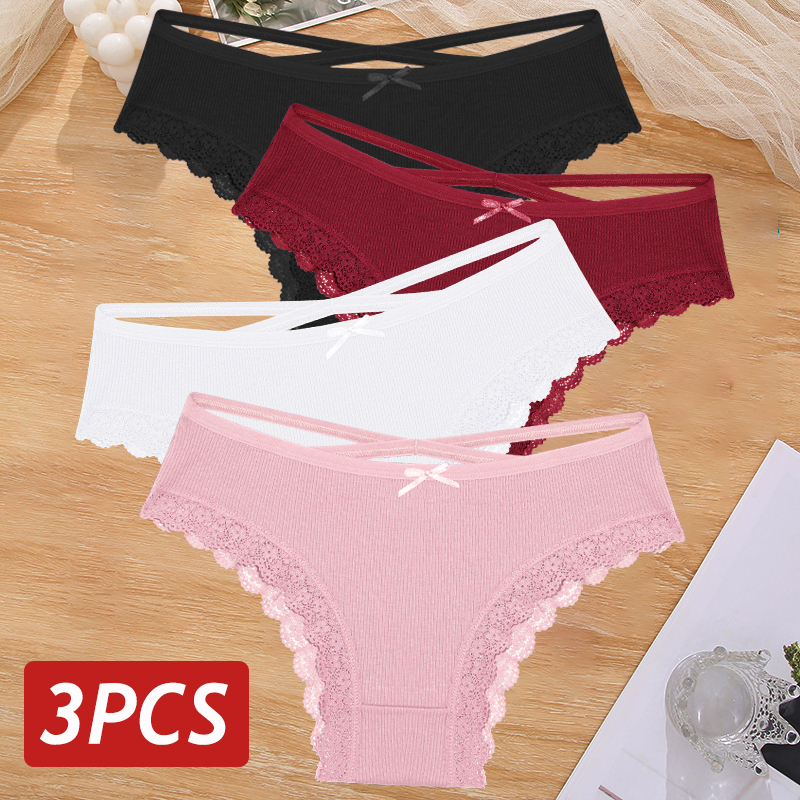 3 sztuk/zestaw damskie bawełniane majtki seksowne niski wzrost koronkowe brazylijskie majtki drążą miękka oddychająca bielizna kobieca kokardka bielizna S-XL