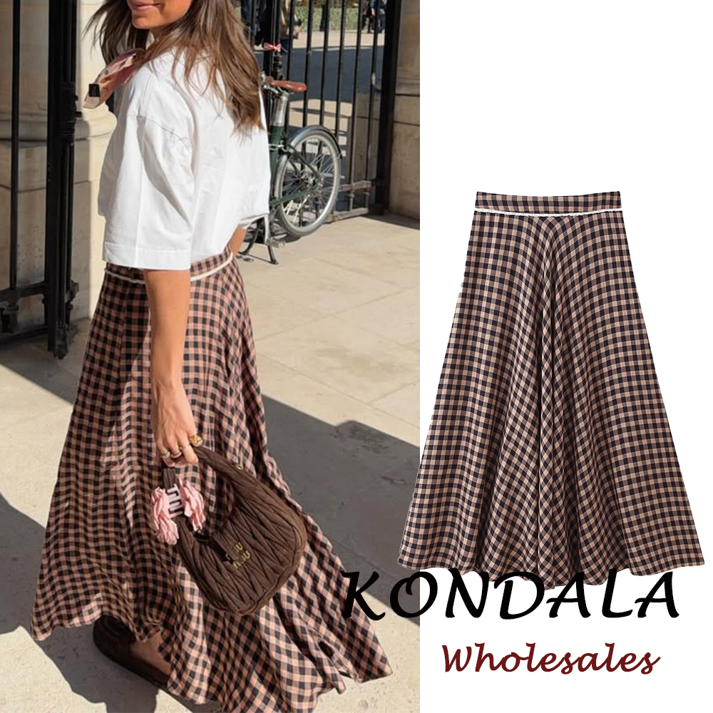 Falda Larga KONDALA Vintage Moderna con Estampado Floral y Encaje, Estilo Urbano, Elegante, Moda Primavera 2026, Color Marrón, Corte en A, para Mujer