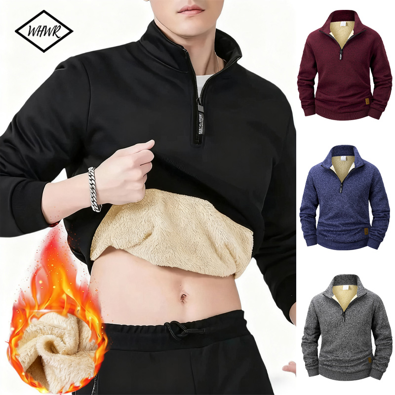 Sudaderas con forro polar para hombre, jersey cálido de invierno, jersey con media cremallera para hombre, Sudadera con capucha para exteriores, Color sólido, cuello levantado