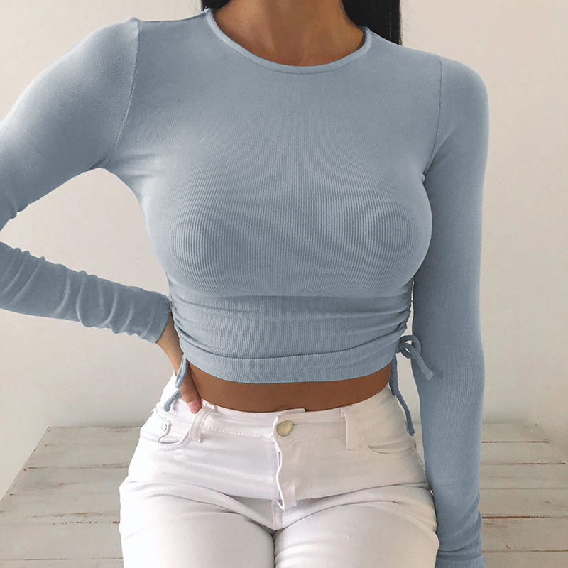 Tops cortos ajustados de manga larga con cuello redondo para mujer, camiseta Sexy de punto con cordón Irregular, color liso, otoño 2024