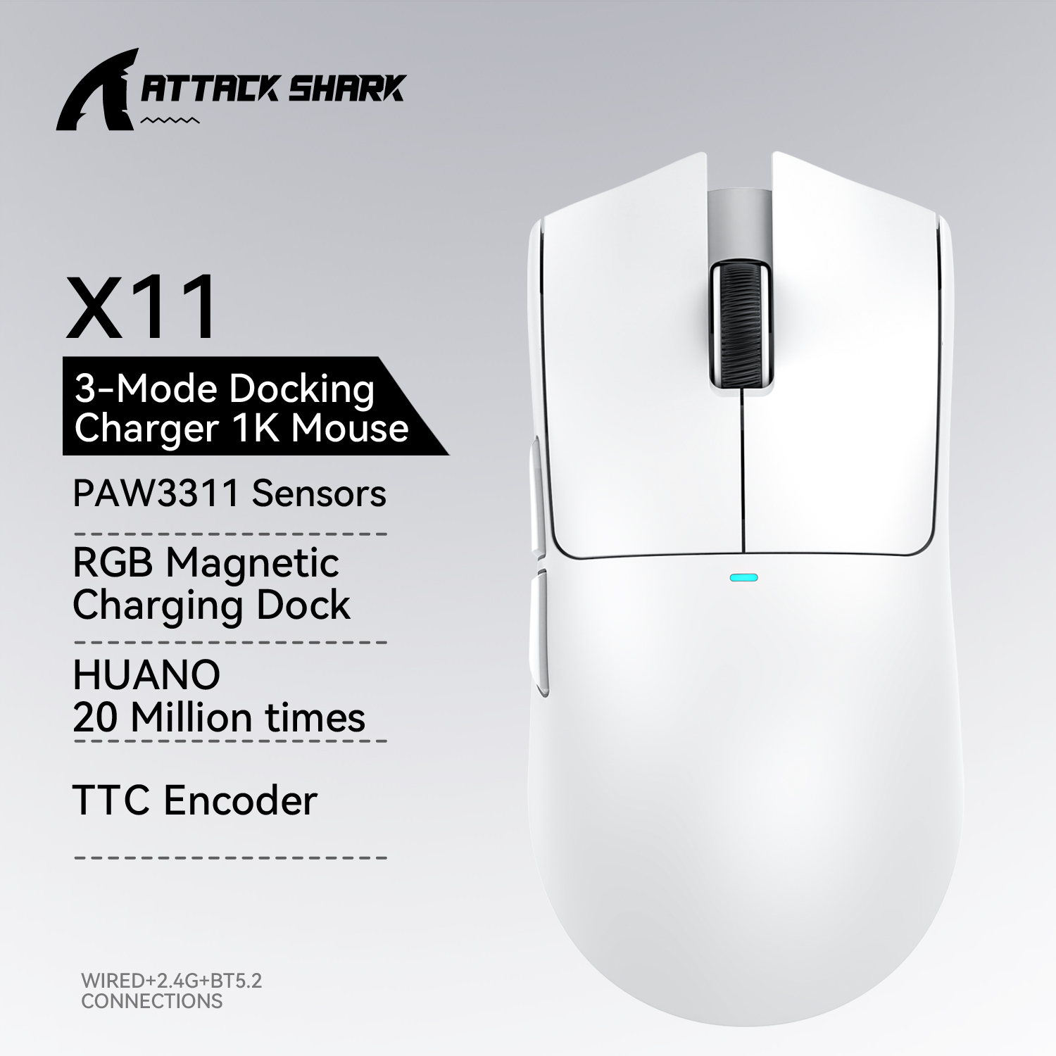 Attack Shark X11 3-trybowe połączenie /2,4 GHz/Bluetooth, PAW3311, 400 IPS, 22 K000 DPI, RGB, bezprzewodowa mysz do gier na PC