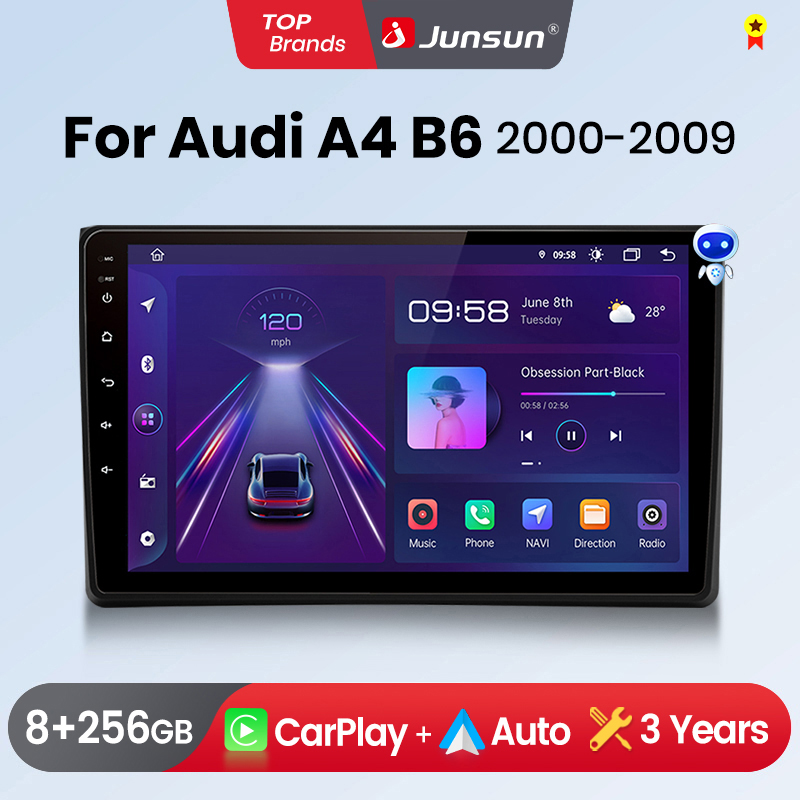 Junsun-Wireless CarPlay Android Auto Rádio de Carro para Audi A4, B6 2000, 2001, 2009, GPS, Sistemas Inteligentes, Stereo, Multimídia